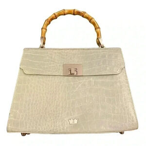 Elaine Turner Black Leather Bamboo Top Handle Lady Bag In Sea Foam Green/Blue